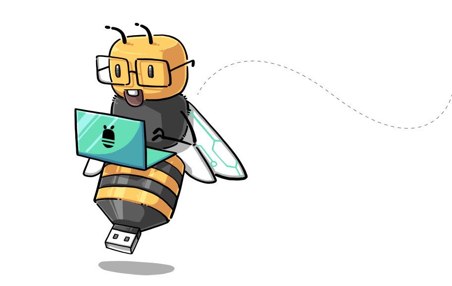 Bee character with glasses using laptop